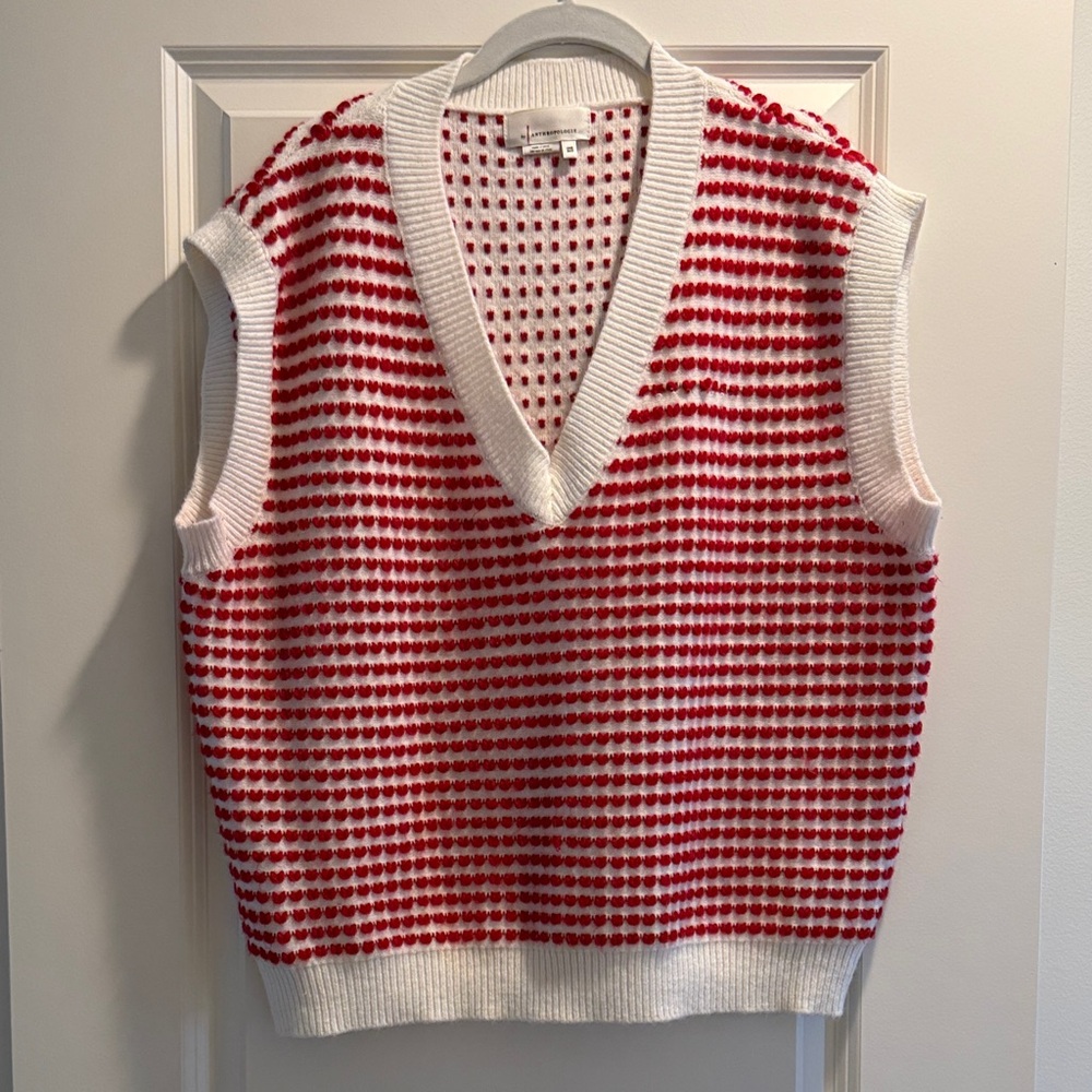 Anthropologist Red and White Heart V-Neck Sweater Vest